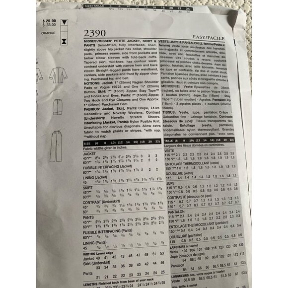 Vogue Anne Klein Misses Jacket Skirt Pants Sewing Pattern 2390 Sz 18 - 22 Uncut - Picture 6 of 9